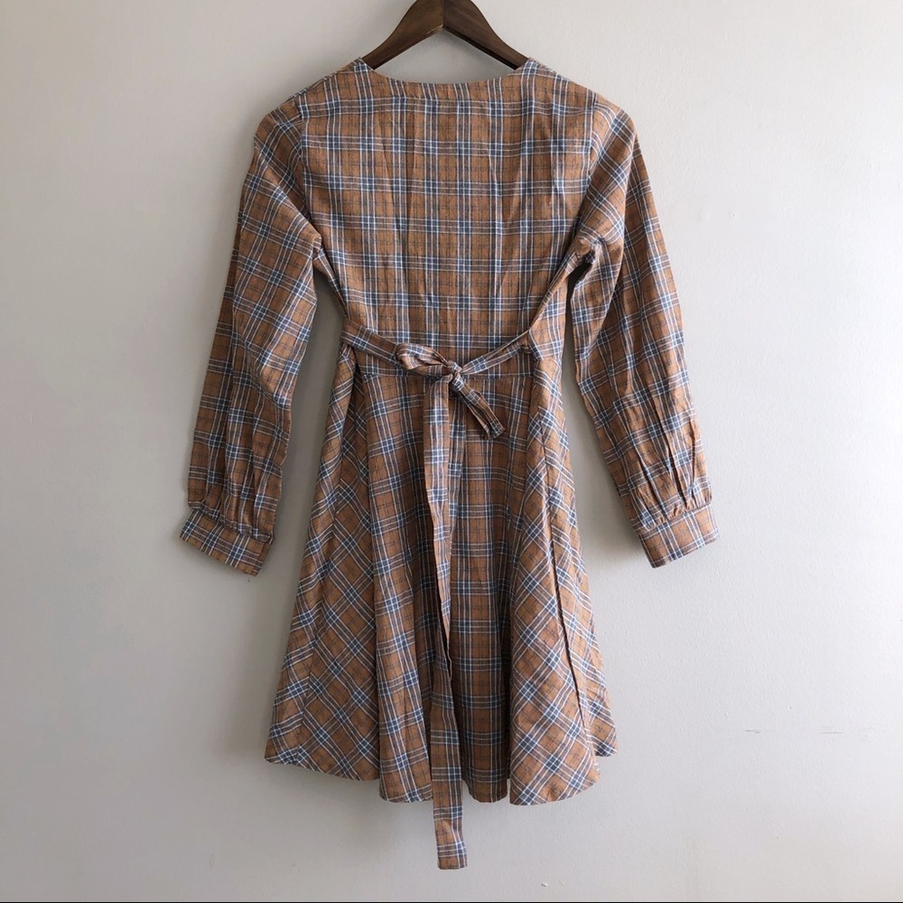 Vintage Plaid Tie Waist Mini Dress Long Sleeve V Neck Fit & Flare Small - Picture 8 of 12